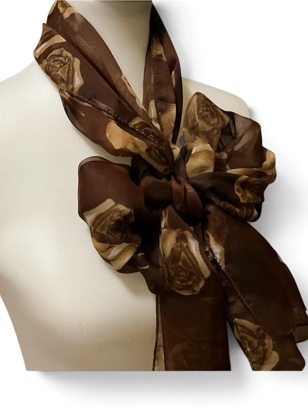Vintage Sheer Brown Rose Scarf Long Floral Oblong Made in Korea